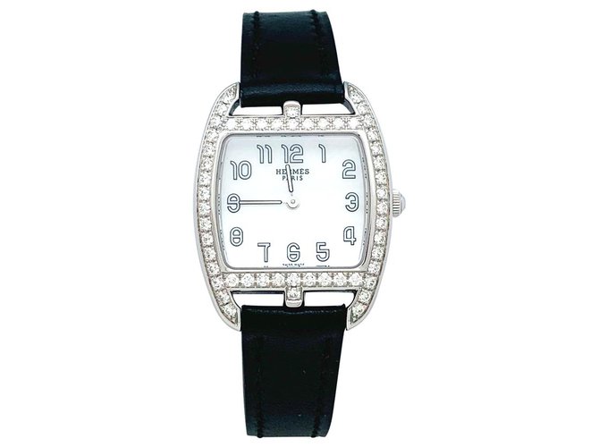 Reloj Hermès modelo "Cape Cod Barrel" en acero y diamantes en piel.. Cuero  ref.154351
