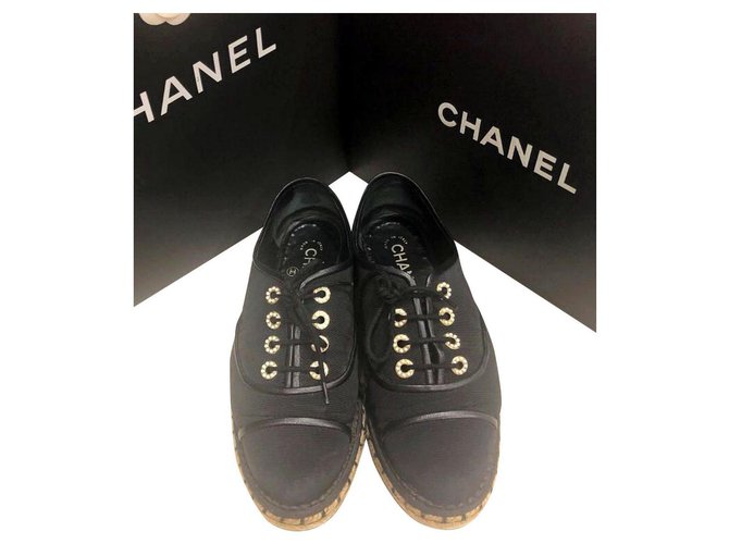 Chanel black lace up espadrilles EU37 Leather Cloth  ref.154484
