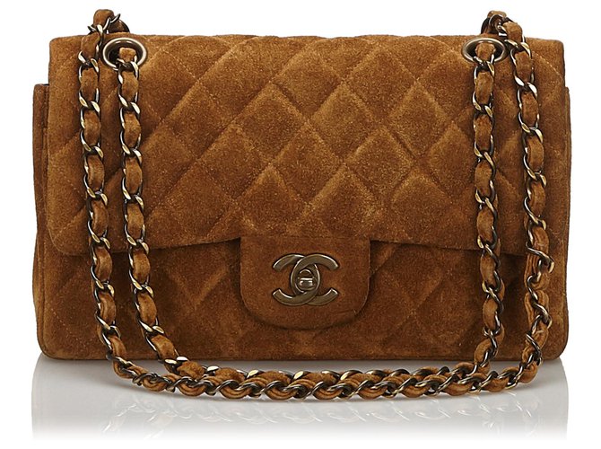 Timeless Chanel marrón clásico pequeño bolso de solapa forrado de ante Castaño Marrón oscuro Suecia Cuero Metal  ref.154654