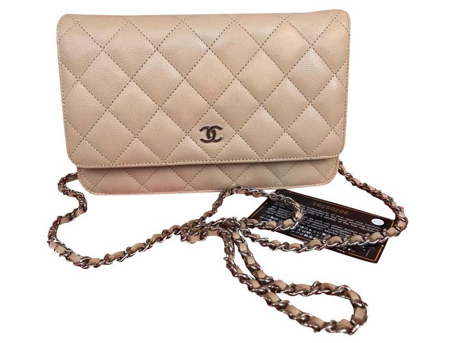 Wallet On Chain Chanel Woc Beige Leather ref.154712 - Joli Closet