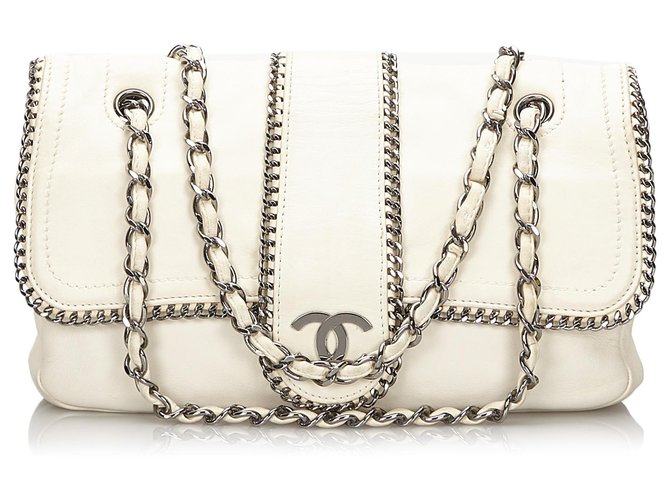 Chanel White Jumbo Lammleder Luxury Line Flap Bag Schwarz Weiß Metall  ref.154817