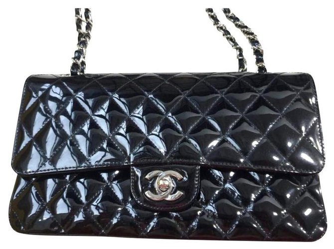 Chanel Black Patent Medium classic flap bag Patent leather ref