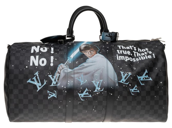 Louis Vuitton Keepall 55 graphite new shoulder strap customized "STARBAG" by PatBo! Black Blue Leather Cloth  ref.155480