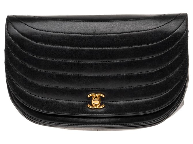 Vintage Chanel couro de cordeiro preto acolchoado vintage  ref.155497