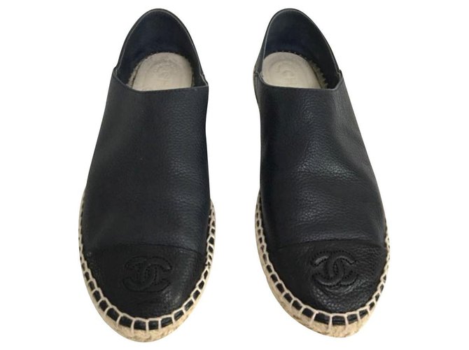 Chanel navy blue and black leather espadrilles EU37  ref.155551
