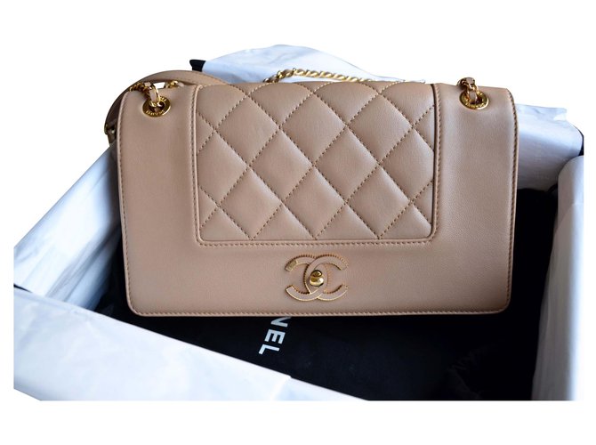 Chanel Mademoiselle Vintage Medium Flap Bag Beige Golden Leder  ref.155824