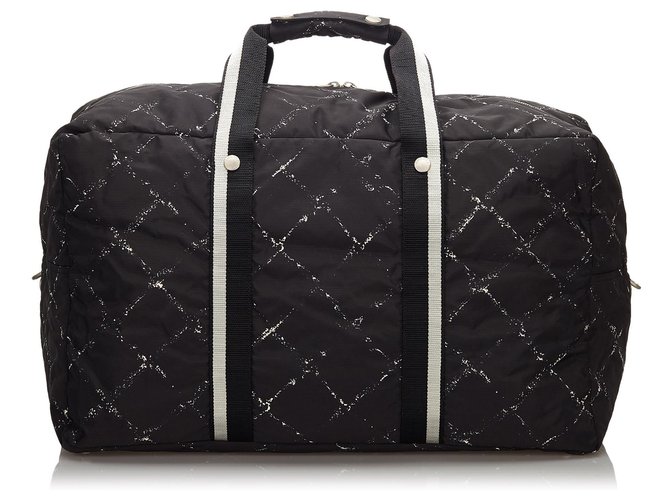 Chanel Black Old Travel Line Duffle Bag White Nylon Cloth ref