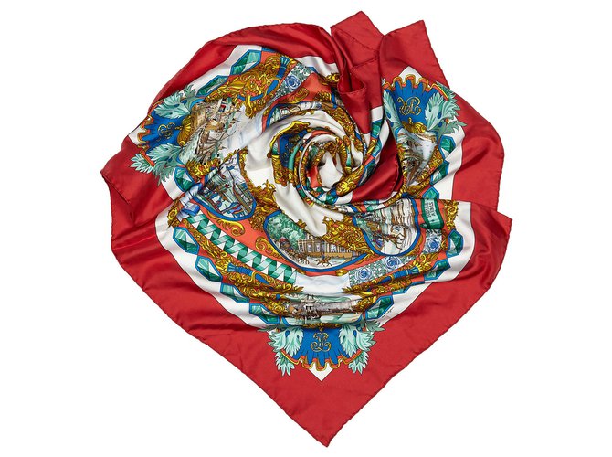 Hermès Foulard in seta LEntente Cordiale rosso Hermes Multicolore Panno  ref.155857