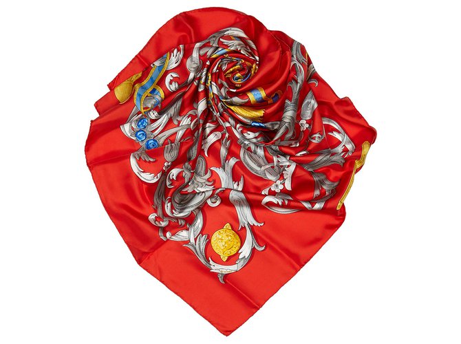 Hermès Hermes Red Le Mors a la Conetable Pañuelo de seda Roja Multicolor Paño  ref.155873