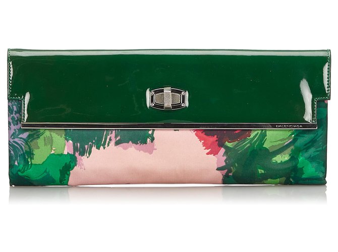 Balenciaga Green Satin Clutch Bag Pink Leather Patent leather Cloth  ref.155876
