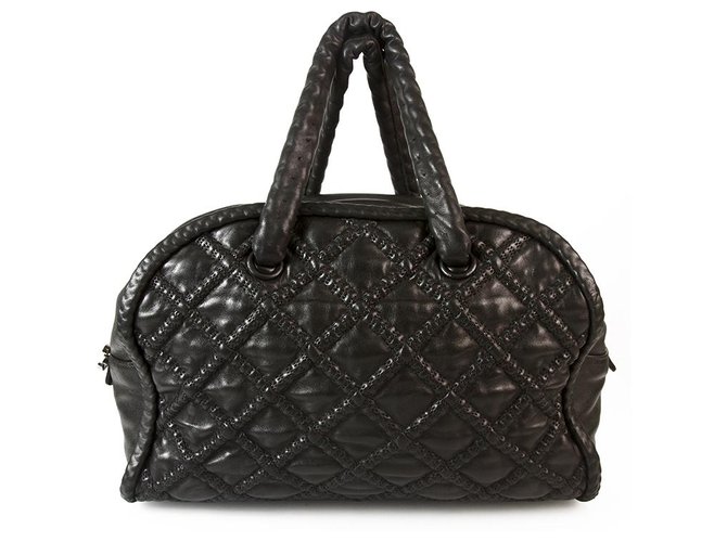 CHANEL Boho style Black Leather Large Bowling bag, chain inside leather handles  ref.155968