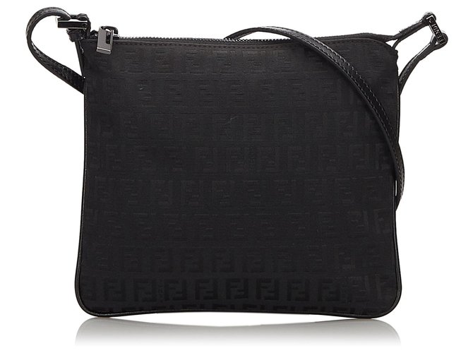 Fendi Black Zucchino Canvas Crossbody Bag Leather Cloth Cloth  ref.156093