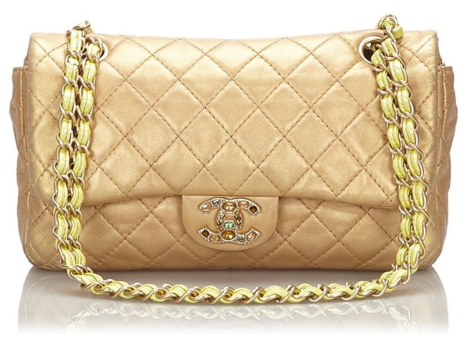 Chanel Gold Medium Lambskin Precious Jewel Single Flap Bag Golden