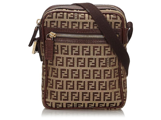 Fendi Brown Zucchino Canvas Crossbody Bag Beige Dark brown Leather Cloth Cloth  ref.156134