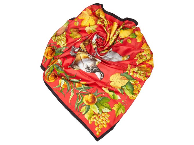 Hermès Pañuelo de seda Hermes Fructidor rojo Roja Multicolor Paño  ref.156138