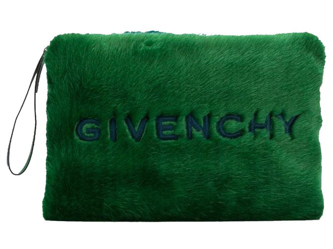GIVENCHY Emblem Large clutch bag in faux fur Blue Green  ref.156312