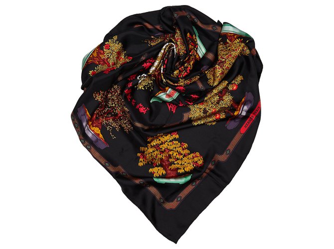 Hermès Hermes Black Les Beaux Jours de Bonsai Silk Scarf Multiple colors Cloth  ref.156341