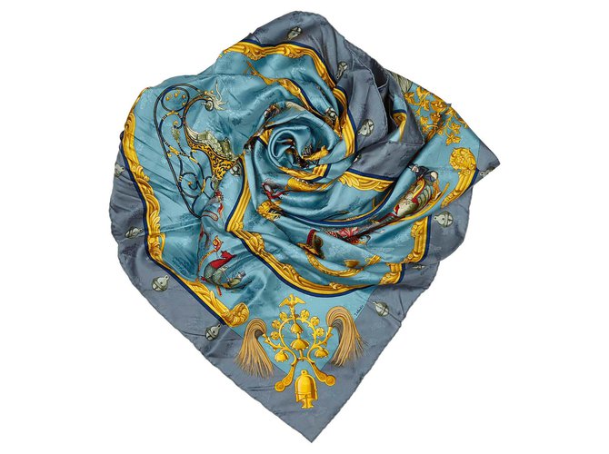 Hermès Foulard Hermes Bleu en Soie Plumes et Grelots Tissu Multicolore Bleu clair  ref.156347