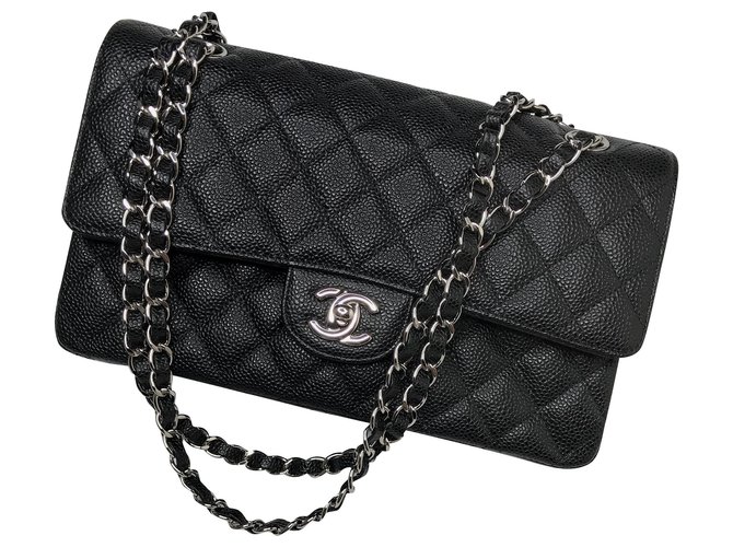 Timeless Chanel con juego completo Bolso de caviar con solapa forrado medio Negro Cuero  ref.156747