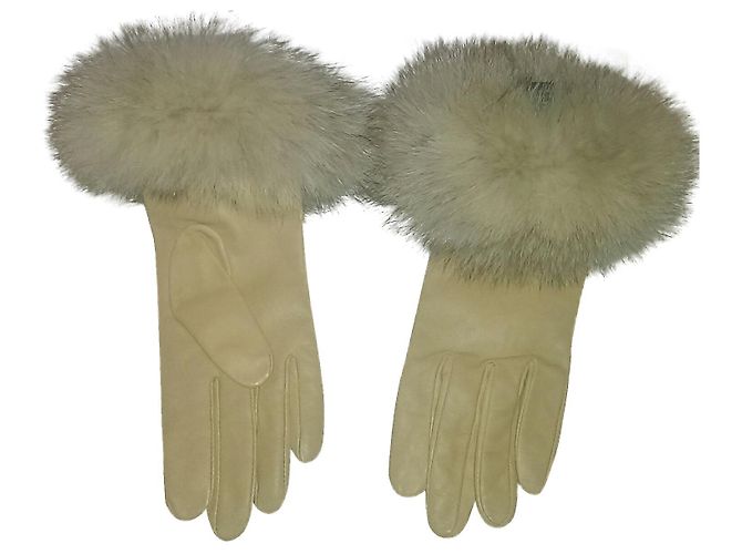 Autre Marque Luvas Alexandra Bartlett de couro e cashmere bege com pele de raposa