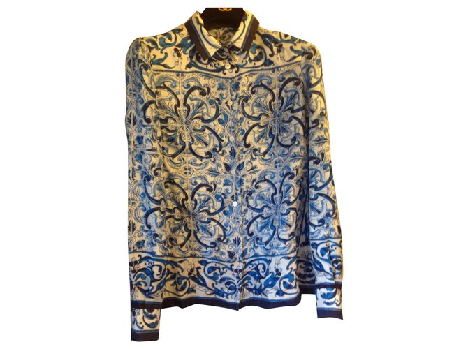 Dolce & Gabbana Camisa estampada de seda Branco Azul Azul marinho  ref.157040