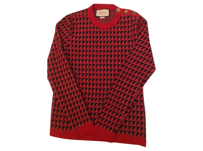 Gucci Jacquard-Pullover neu mit Rechnung Schwarz Weiß Rot Wolle  ref.157052