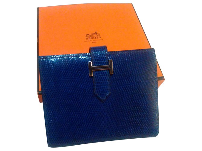Béarn Hermès Bearn Varanus Niloticus Wallet Authentic Blue Exotic leather  ref.157266