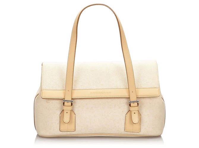 Burberry White Canvas Handbag Brown Beige Leather Cloth Cloth  ref.157924