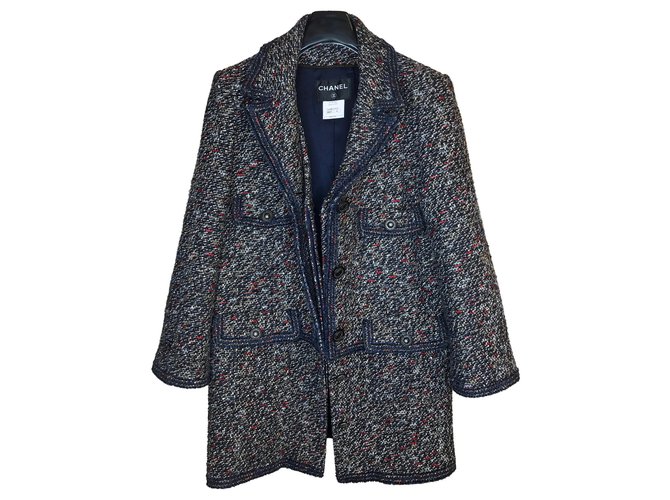 Chanel Abrigo de tweed de lana con bolsillos de parche dobles Castaño Blanco Roja Azul Multicolor Azul marino  ref.158052