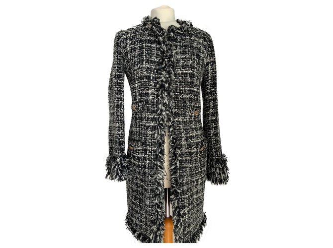 Luisa Spagnoli Cappotto bianco e nero stile Chanel in lana IT42  ref.158298