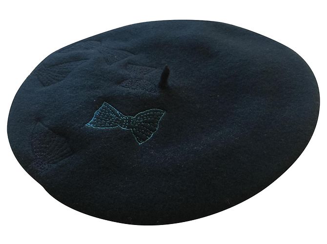 Bimba & Lola black boiled wool beret with knot embroidery