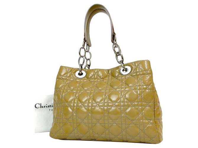 Christian Dior Dior Beige Cannage Quilted Patent Leather Small Dior Soft Tote Lambskin  ref.158526
