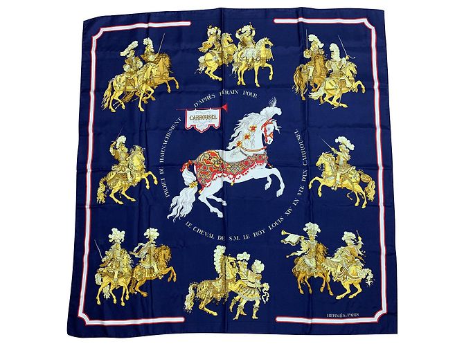 Lenço de seda Hermès Carroussel azul marinho 90x90 cm