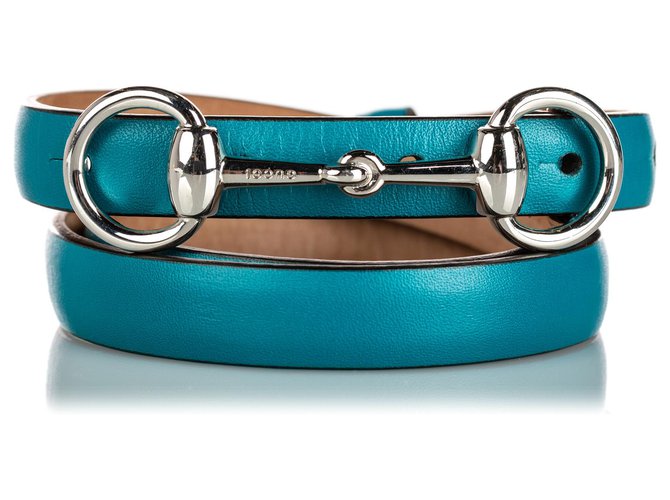 Gucci Blue Horsebit Leather Waist Belt Silvery Metal  ref.159196