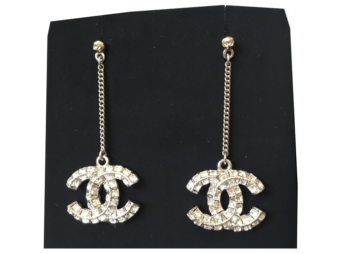 Chanel Earrings Crystal CC Heart Drop, Silver and Gold Hardware, New in Box  GA006