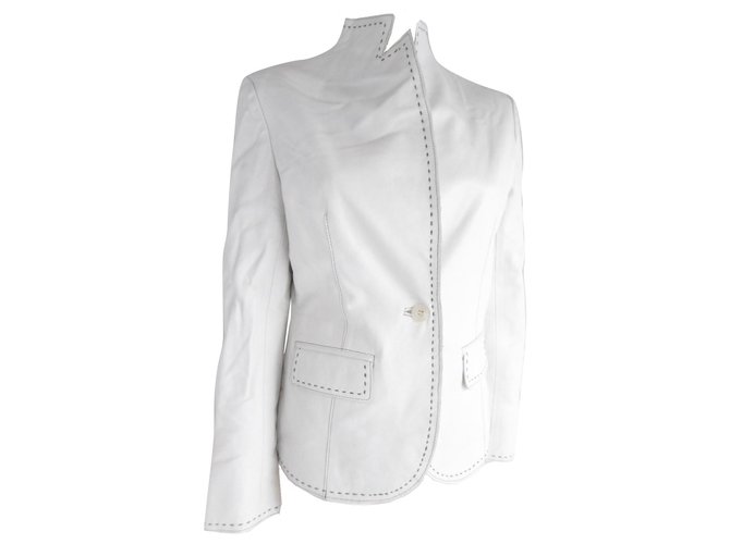 Balmain Stand Collar Leather Jacket White  ref.159506