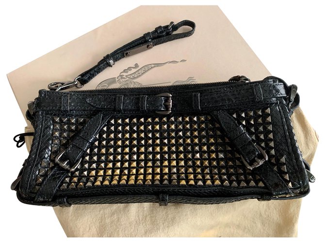 Burberry Genuine glossy python leather clutch with metal studs Black  ref.159513