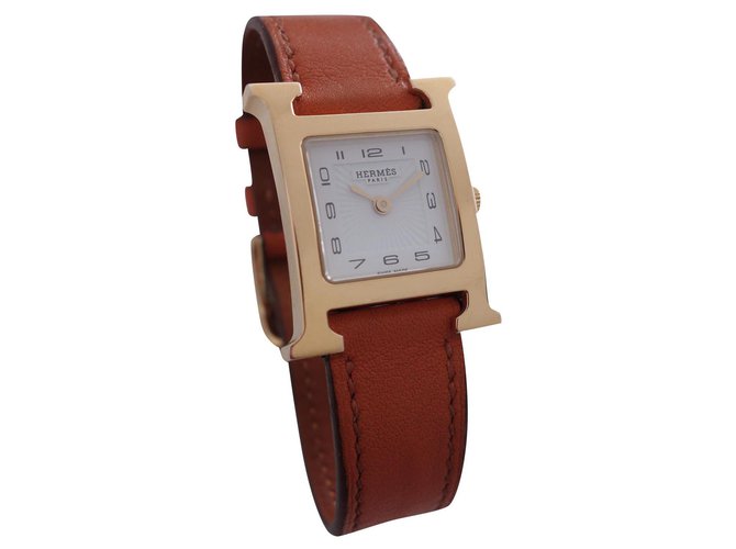Hermès WATCH TIME H HERMES PM Orange Leather Gold-plated  ref.159552