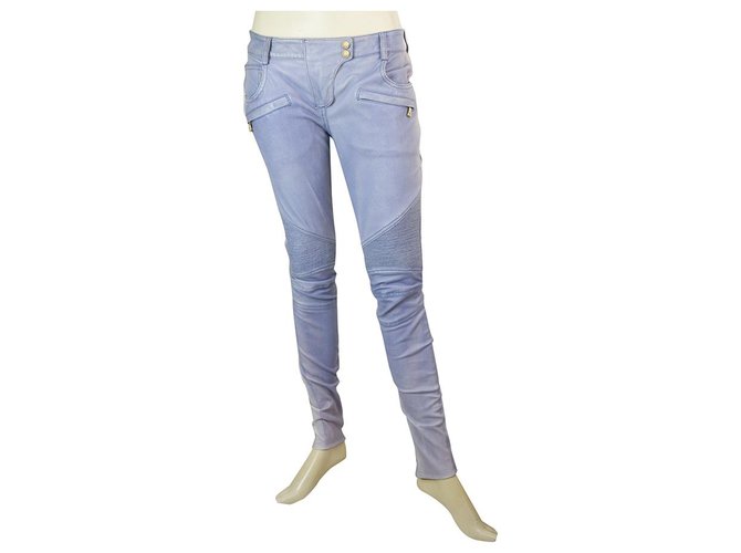 Balmain azul couro de cordeiro motociclista jeans tamanho 36 Calças - calças fechos nos punhos Azul claro  ref.159572