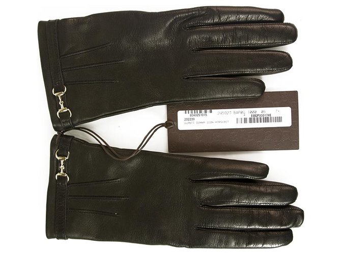 Gucci Women's Black Leather Gloves with Silver Tone Horsebit and Logo size 7.5  ref.159580