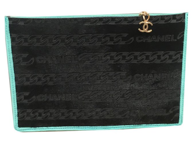 Chanel Pochettes Cuir Veau façon poulain Noir Turquoise  ref.159848