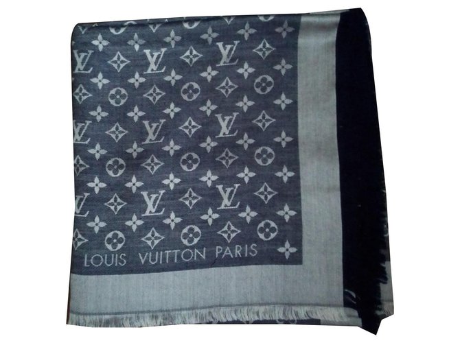 Louis Vuitton Monogram Denim Shawl Blue Silk