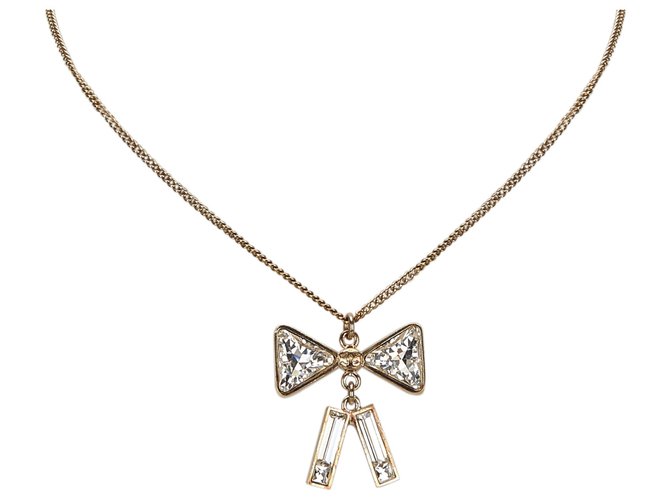 Chanel Gold Ribbon Rhinestone Necklace Golden Metal  ref.160045