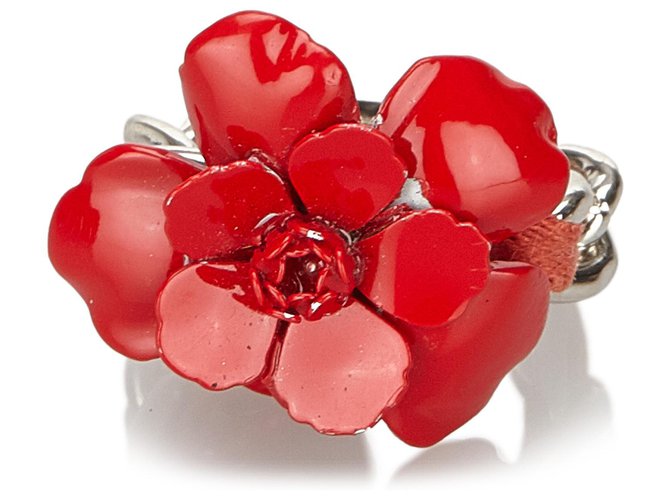 Chanel Red Camellia Ring Silvery Cotton Metal Cloth  ref.160064