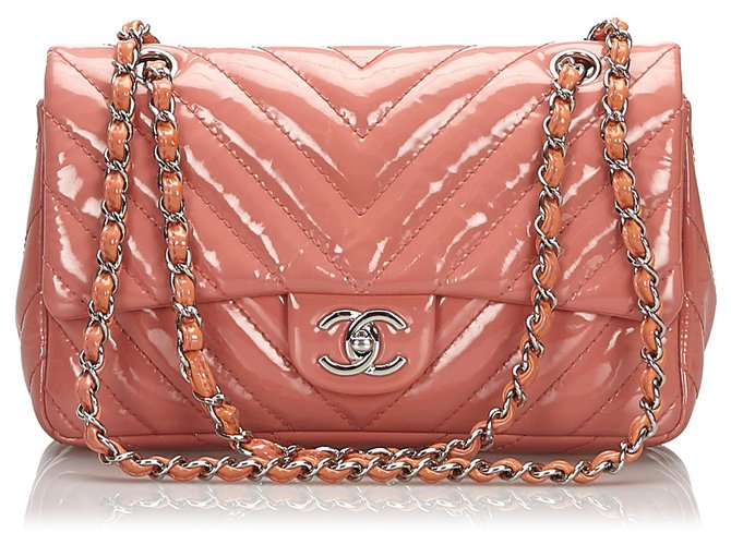 Timeless Chanel Pink Medium Patent Leather Chevron Single Flap Ba  ref.160070