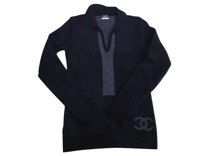Chanel Wool and cashmere sweater Black Grey Cotton  ref.160192