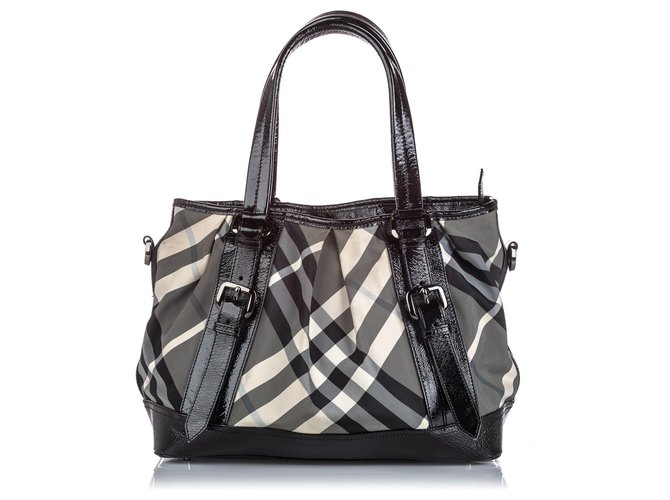 Burberry Gray Beat Check Canvas Lowry Satchel Black Grey Leather Patent leather Cloth Cloth  ref.160236