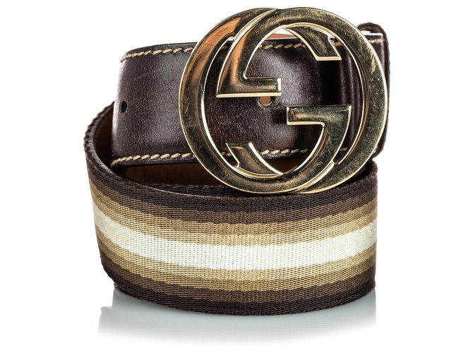Gucci Brown Canvas and Leather Belt White Dark brown Cloth Cloth  ref.160241