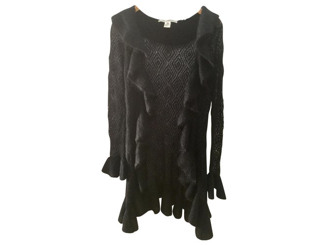 Diane Von Furstenberg Cardi coat with ruffles Black Wool  ref.160332
