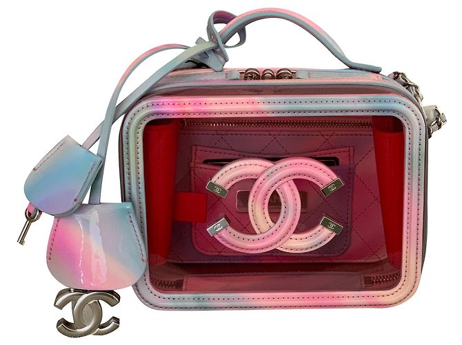 Vanity Chanel Vaidade pequena caixa de PVC rosa com couro de arco-íris